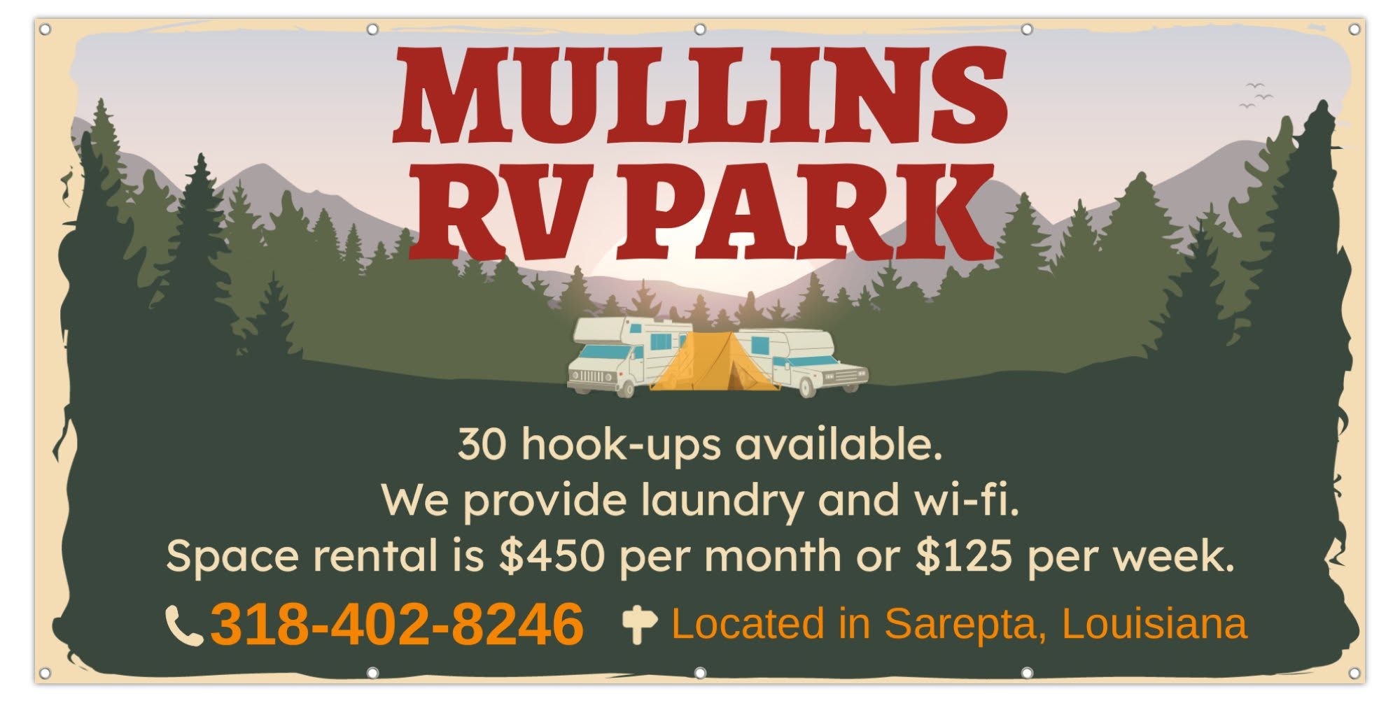 Mullins RV Park printed banner sign